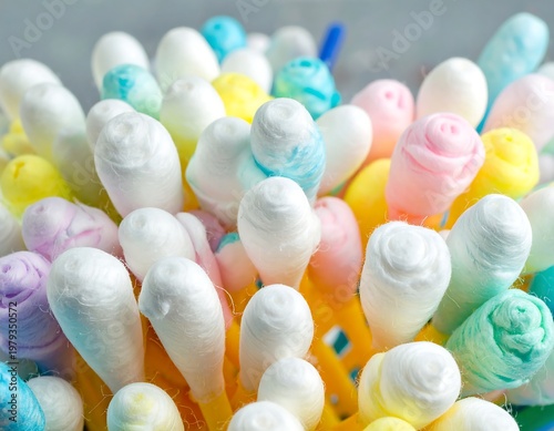 Close-up of cotton swabs with pastel-colored tips, packed closely together against a soft grey backdrop, showcasing fluffy textures