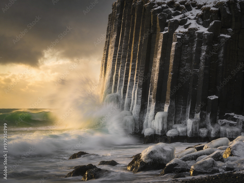 Naklejka premium Atmospheric Basalt Formations Under Dramatic Skies and Ocean Spray