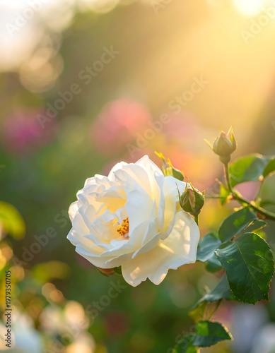 Close-up of a white rose with a golden center, bathed in sunlight. Other flowers are blurred in the background. Natural light