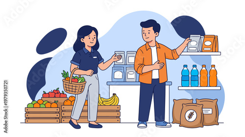 Young couple shopping for fresh organic produce and groceries at a supermarket, flat vector illustration of people in a retail store environment.