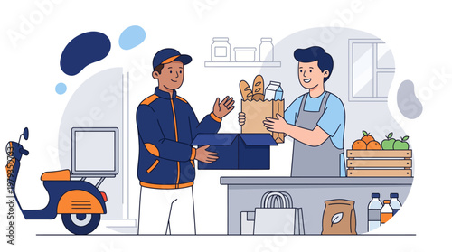 Delivery courier picking up fresh grocery order from store assistant for home delivery service