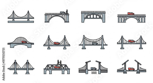 Collection of diverse bridge illustrations in a grid layout.