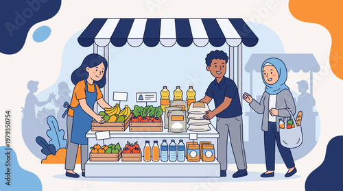 Diverse people shopping at a local outdoor market stall with fresh fruits, vegetables, and grocery items