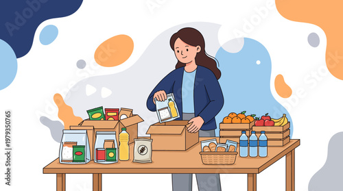 Female volunteer packing food donation boxes for charity and humanitarian aid illustration