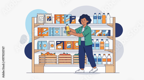 Vector Illustration of a Woman Choosing Products from Shelves in a Modern Supermarket or Grocery Store