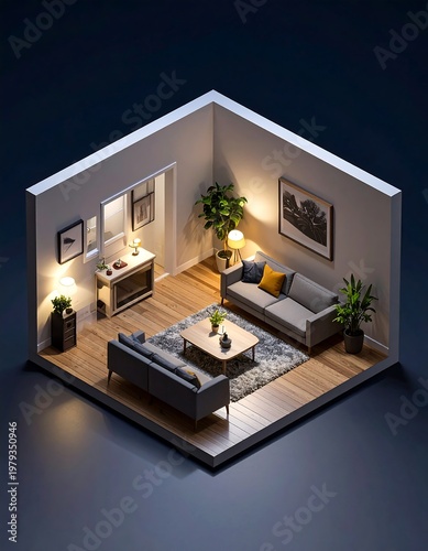 Isometric view of a cozy living room with grey sofas, a coffee table, indoor plants, and soft lighting, creating an inviting space