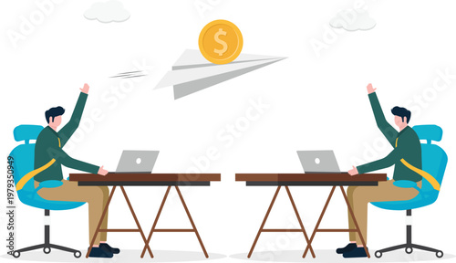 Two professionals with a gold coin paper plane at desks