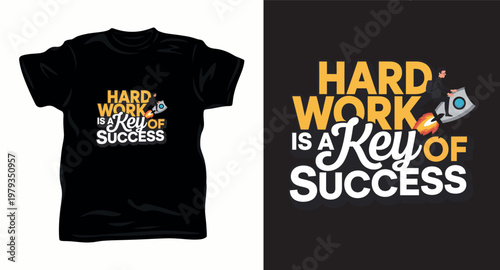 Hard work is a key of success motivational tshirt design featuring businessman riding a rocket graphic.