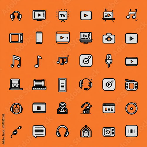 Multimedia icons feature audio and video playback symbols for digital content platforms.