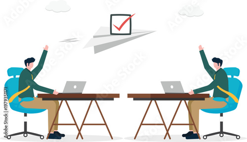 Two professionals with a checkmark paper plane at desks