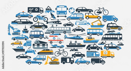 Collection of various transportation vehicles and modes of transport.