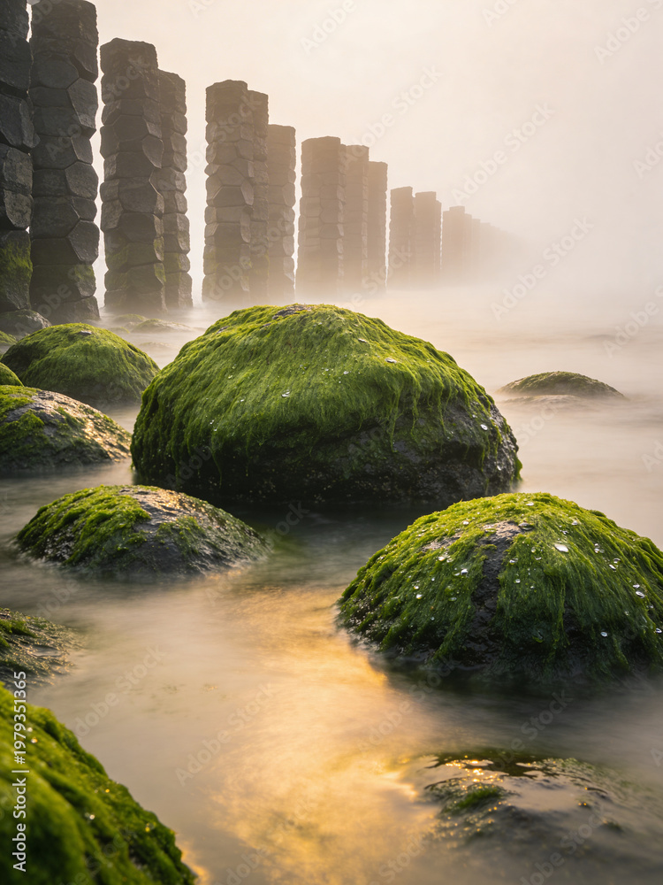 Naklejka premium Atmospheric Basalt Formations Under Dramatic Skies and Ocean Spray