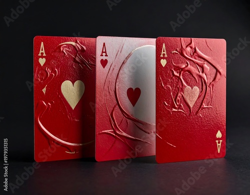 Three textured playing cards in the Ace of Hearts suit, standing upright