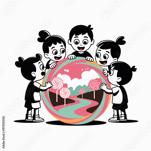 Four children happily holding a large colorful lollipop with sweet treats and candy landscape inside