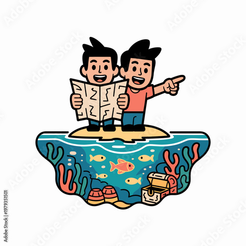 Two smiling men explore underwater treasure map on sandy island with vibrant coral reef and fish
