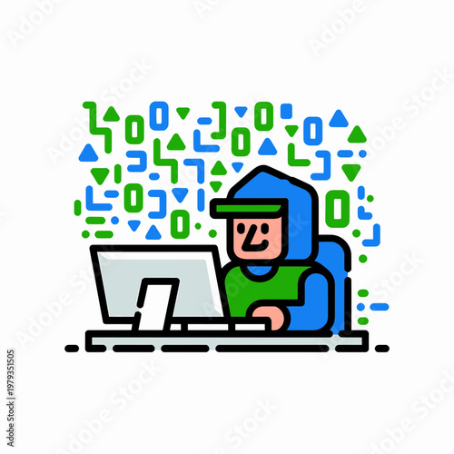 Cartoon hacker in blue hoodie working on laptop with green and blue coding symbols around him on white background