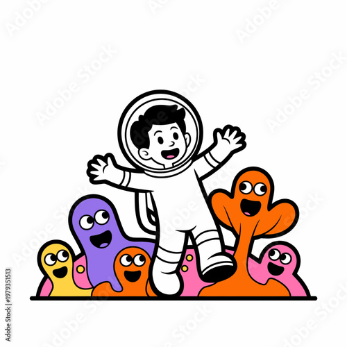 Cheerful astronaut in white suit surrounded by colorful smiling alien creatures in space