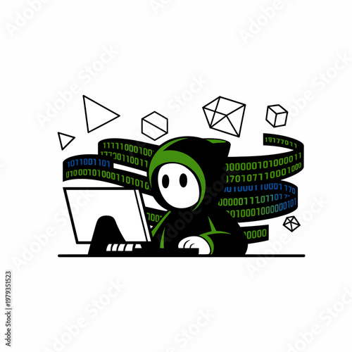 Cartoon hacker in green hoodie working on laptop with binary code and 3d shapes floating around