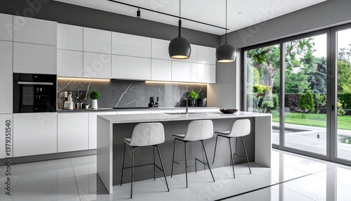 Modern kitchen with white cabinetry, a central island with bar stools, and large windows overlooking a lush garden