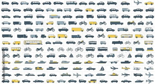 Collection of various transportation vehicles and modes.