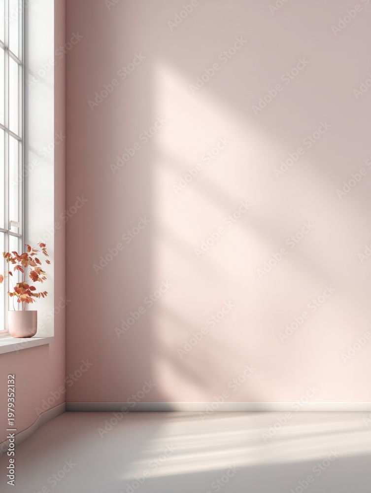 Fototapeta premium Soft natural light from window casting shadows on neutral wall. Minimal interior concept representing calm, simplicity and modern living space