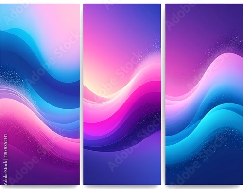 Three vertical abstract flowing backgrounds with color gradients and ethereal effects