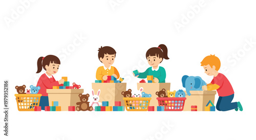 A group of four children sits on the floor, actively organizing and playing with colorful building blocks and cute stuffed animals into boxes.