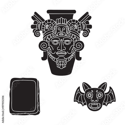 Ancient Zapotec Icons Funerary Urn Glyph Stone Bat God Pendant Silhouette Vector