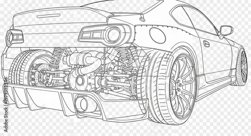 Detailed technical drawing of a car engine and chassis.