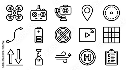 Drone, icon set, 16 drone icons, line style, black and white, vector graphics, for web and mobile design