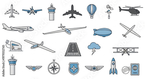 Collection of various aircraft and aviation elements hand drawn style.