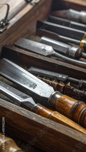 Close-up of wood chisels nestled within a wooden box. Blades gleam, handles show wear. A tool set, organized and ready