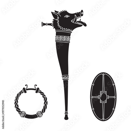 Tableau sur toile Ancient Gaul Warrior Icons Carnyx Trumpet Torc Shield Silhouette Vector Set
