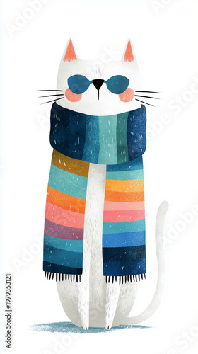 stylish white cat illustration, anthropologie inspired, playful coastal aesthetic, dressed in colorful striped scarf, whimsical summer beach vibe