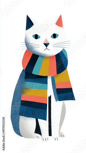 stylish white cat illustration, anthropologie inspired, playful coastal aesthetic, dressed in colorful striped scarf, whimsical summer beach vibe
