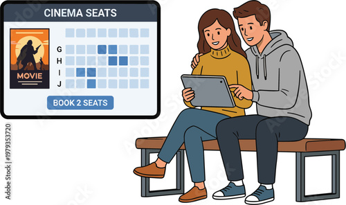 Couple sitting on a bench in a cinema lobby choosing movie seats on a laptop.