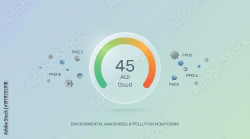 Air Quality Index AQI Monitoring Dashboard with Gauge Showing Good Level for Environmental Awareness and Pollution Control Featuring PM2.5 and PM10 Particle Measurement for Healthy Atmosphere.