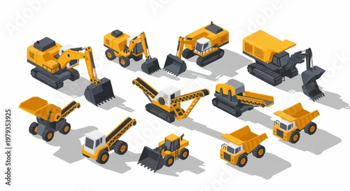 Collection of isometric construction vehicles and heavy machinery on a white background.