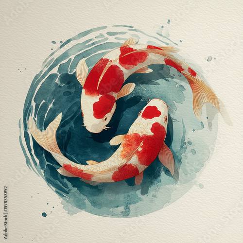 two koi fish swimming in circular yin yang formation, Japanese ink and wash style