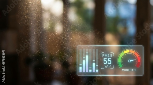 Indoor air quality monitoring showing dust particles in sunlight with digital pm2.5 sensor overlay display indicating moderate pollution levels for health safety and respiratory wellness tracking.