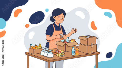 Woman volunteer packing donation boxes with food and drinks for charity food bank relief effort