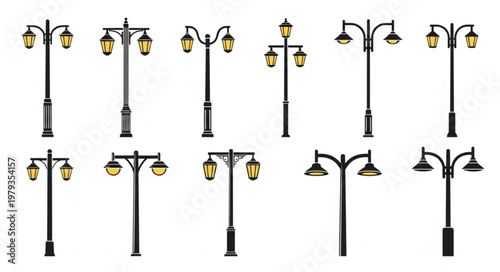 Collection of diverse vintage street lamps and lampposts.