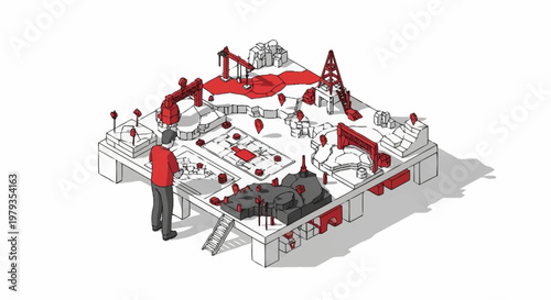 A person standing and observing a complex miniature model of a city with red and grey elements, representing urban planning or development.