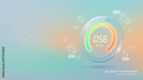 Air Quality Monitoring Digital Dashboard with AQI Index Displaying Good Level PM2.5 and PM10 Pollutant Sensors for Environmental Health Protection and Smart City Technology Solutions Background