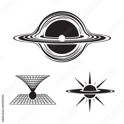 Black Hole Icons Accretion Disc Spacetime Grid Polar Jet Silhouette Vector