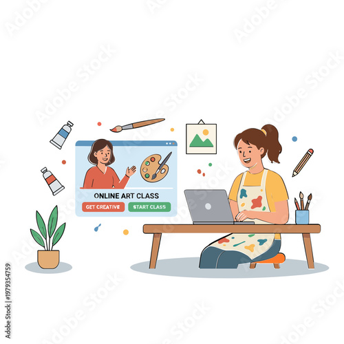 Woman teaches online art class with laptop and paints