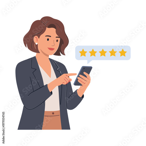 Woman reviews rating on phone with speech bubble showing stars