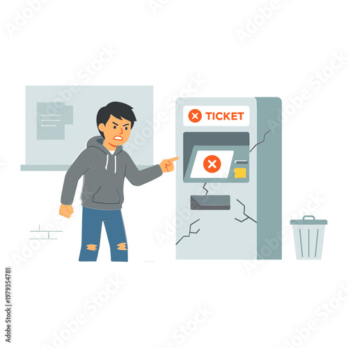 Man pointing at broken ticket machine in city
