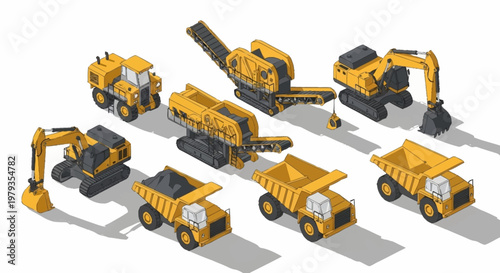 Collection of isometric construction and mining vehicles, including excavators, dump trucks, and a conveyor belt.