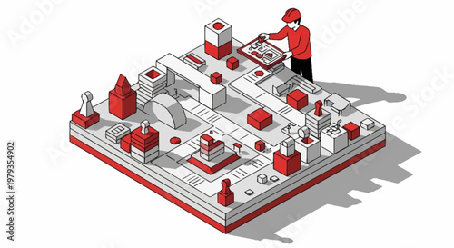 A person in a red hat and shirt meticulously arranges pieces on a complex, isometric game board with red and white elements.
